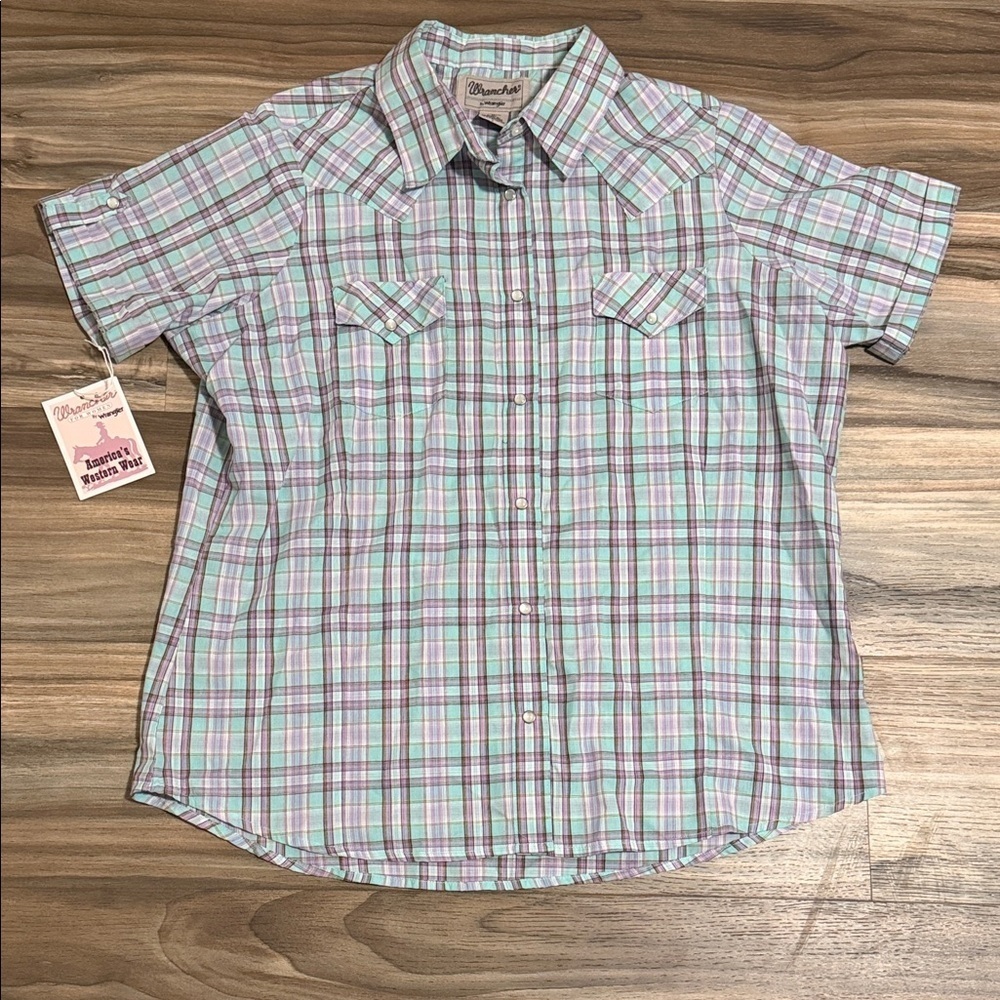 Wrangler Wrancher Women Sz. XL Top Cotton Blend Purple Blue Plaid Pearl Snap